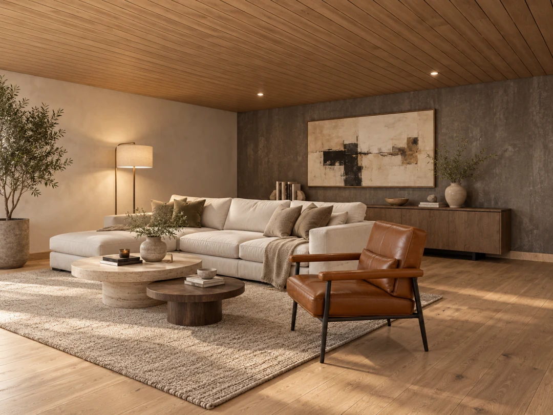 Fiktive Architekturstudie: Wohnraum mit Holzdecke und Sofa